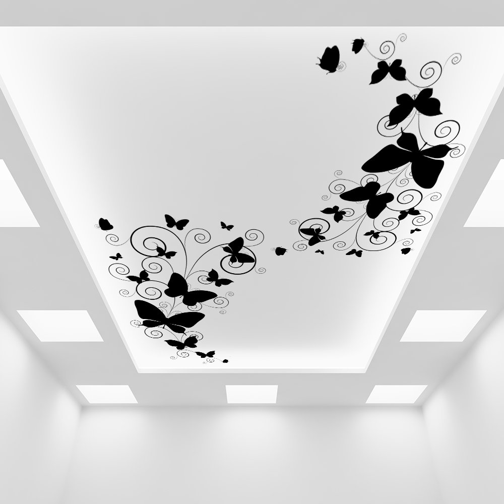 Купить наклейку на потолок. Натяжные потолки с бабочками. Натяжные потолки с орнаментом. Фотопечать на потолке. Бабочки на потолке.